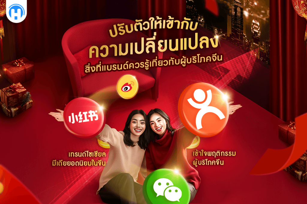 ปรับตัวให้เข้ากับความเปลี่ยนแปลง สิ่งที่แบรนด์ควรรู้เกี่ยวกับผู้บริโภคจีน" พร้อมโลโก้แพลตฟอร์มยอดนิยมในจีน เช่น Xiaohongshu, Weibo, Renren และ WeChat บนพื้นหลังสีแดงที่แสดงถึงเทศกาลและความหรูหรา พร้อมภาพหญิงสาวสองคนยิ้มแย้มในเสื้อผ้าโทนแดง-ขาว สื่อถึงความเชื่อมโยงระหว่างแบรนด์กับผู้บริโภค